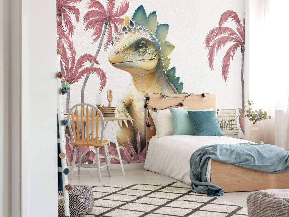 Baby stegosaurus nella giungla rosa