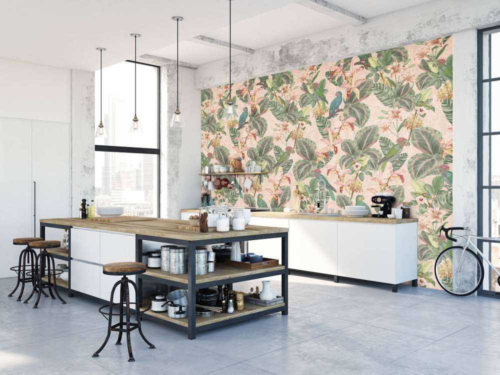 Uccelli e pappagalli della giungla tropicale - rosa tenue