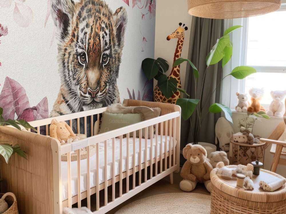 Tigre carina con piante rosa