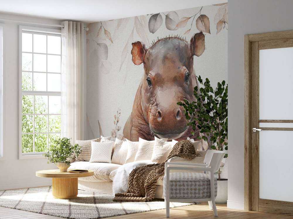 Baby ippopotamo tra le foglie taupe