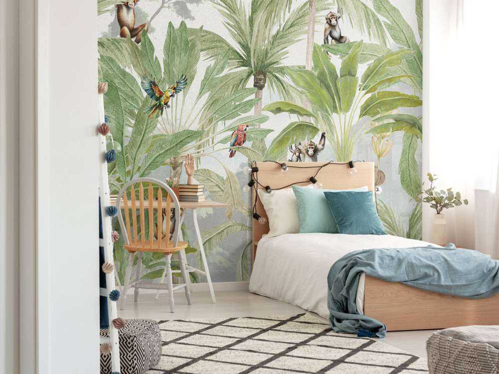 Giungla con scimmie e pappagalli a colori