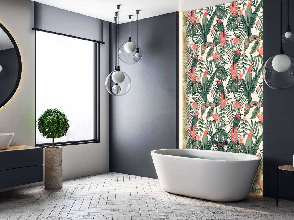 Piante tropicali, fiori e uccelli