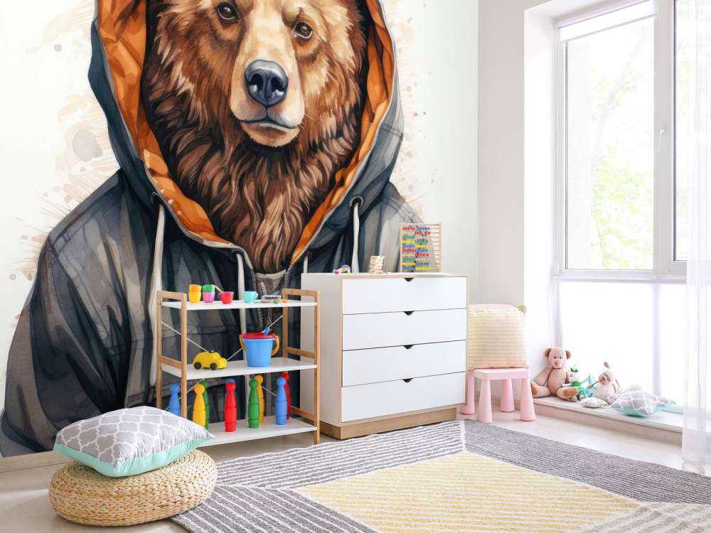 Orso Grizzly Cartoon ad Acquerello con Felpa con Cappuccio