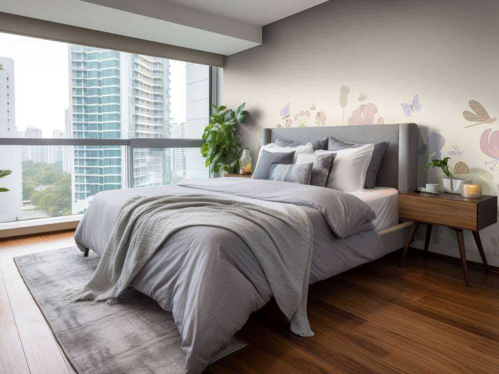 Campo di fiori con farfalle beige, rosa antico, verde e lilla