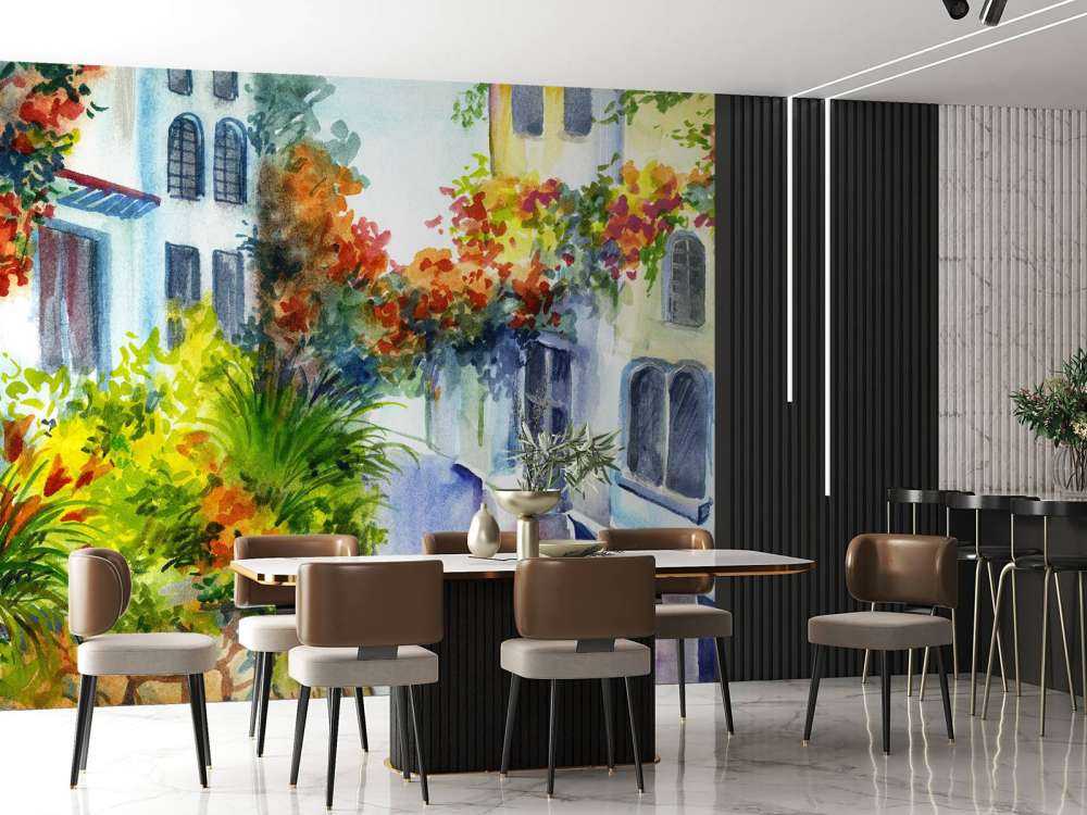 Fiori ed edifici ad acquerello