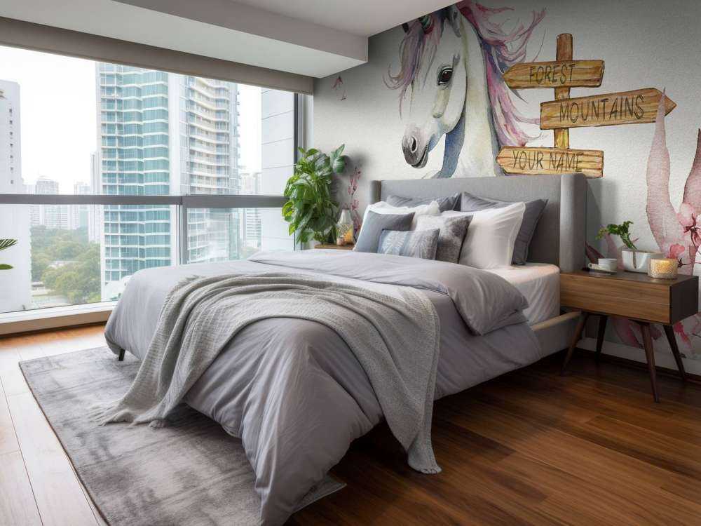 Baby unicorno con piante rosa