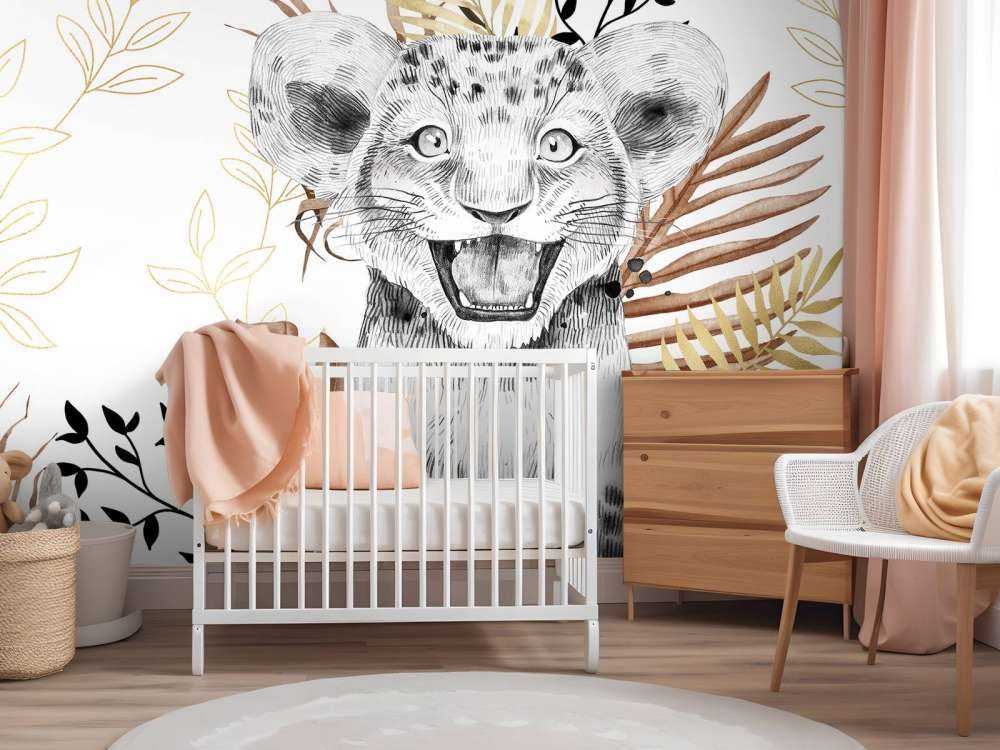 Cucciolo di leone marrone e con foglie d'oro