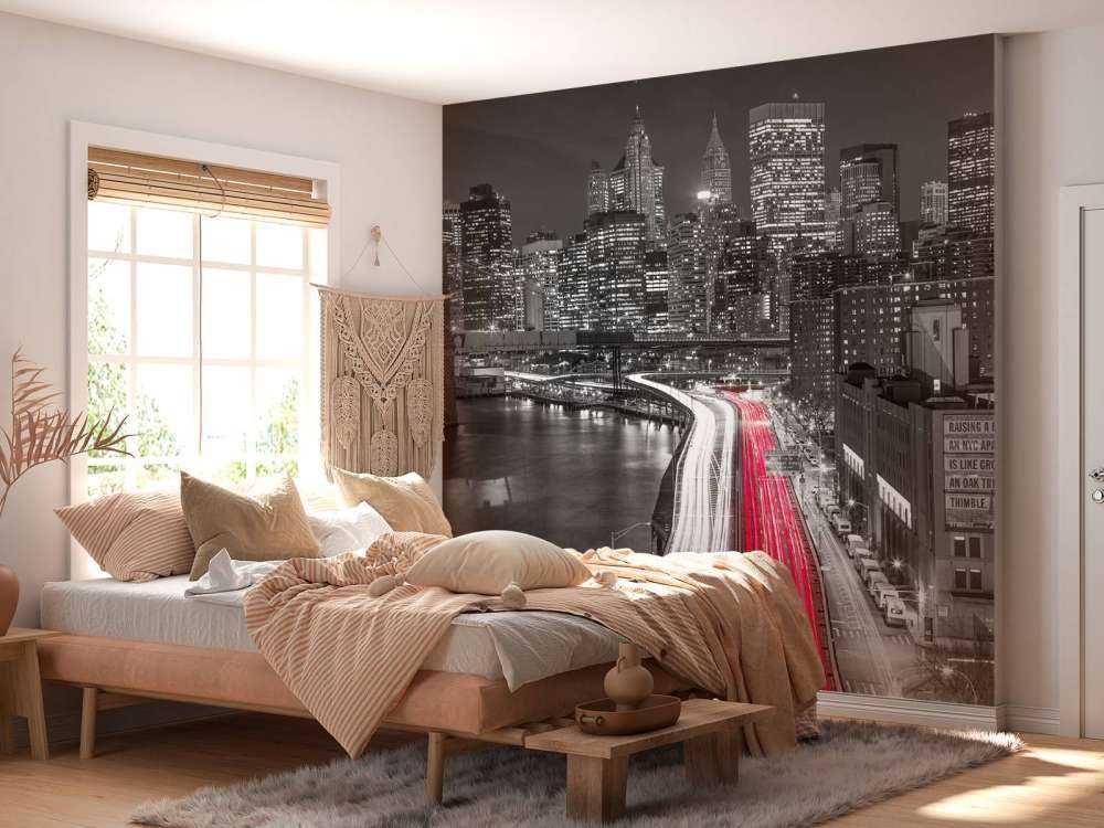 Strip lights on streets of Manhattan by east river, New York