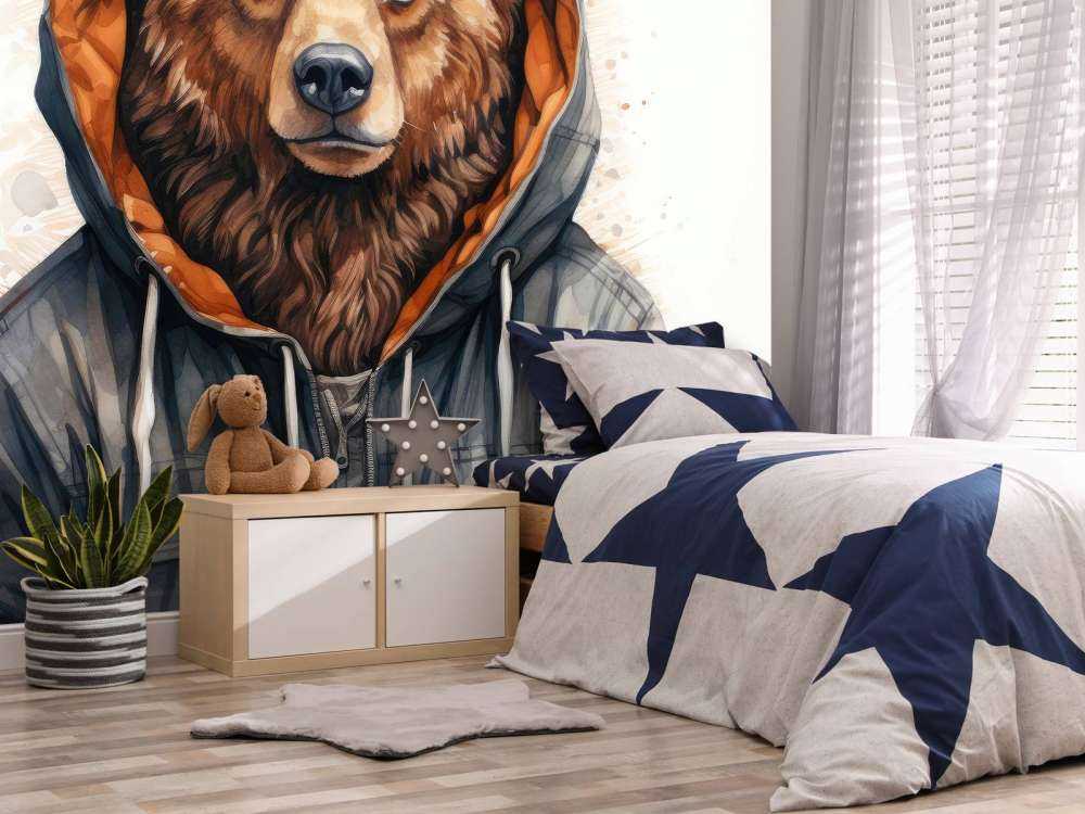 Orso Grizzly Cartoon ad Acquerello con Felpa con Cappuccio