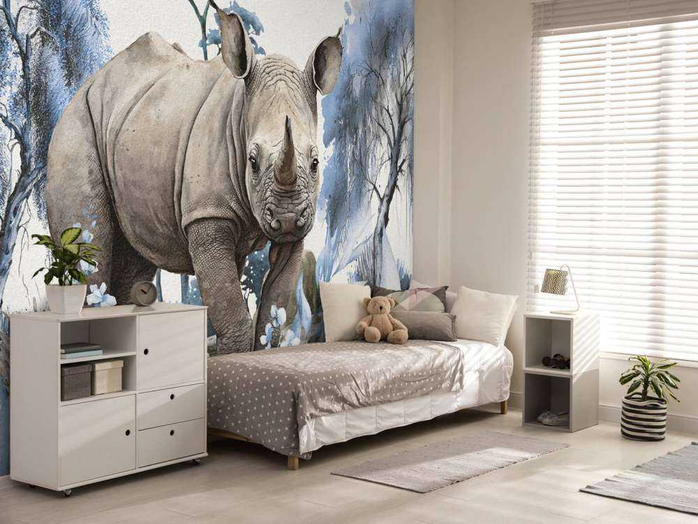 Baby rinoceronte nella savana blu