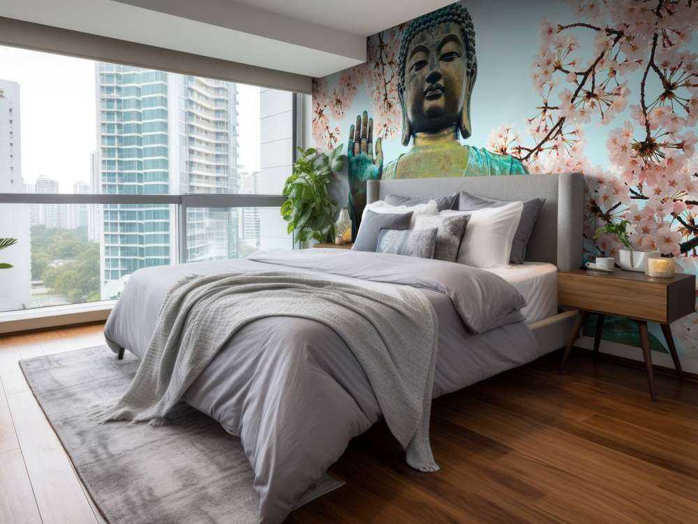 Buddha circondato da fiori di ciliegio