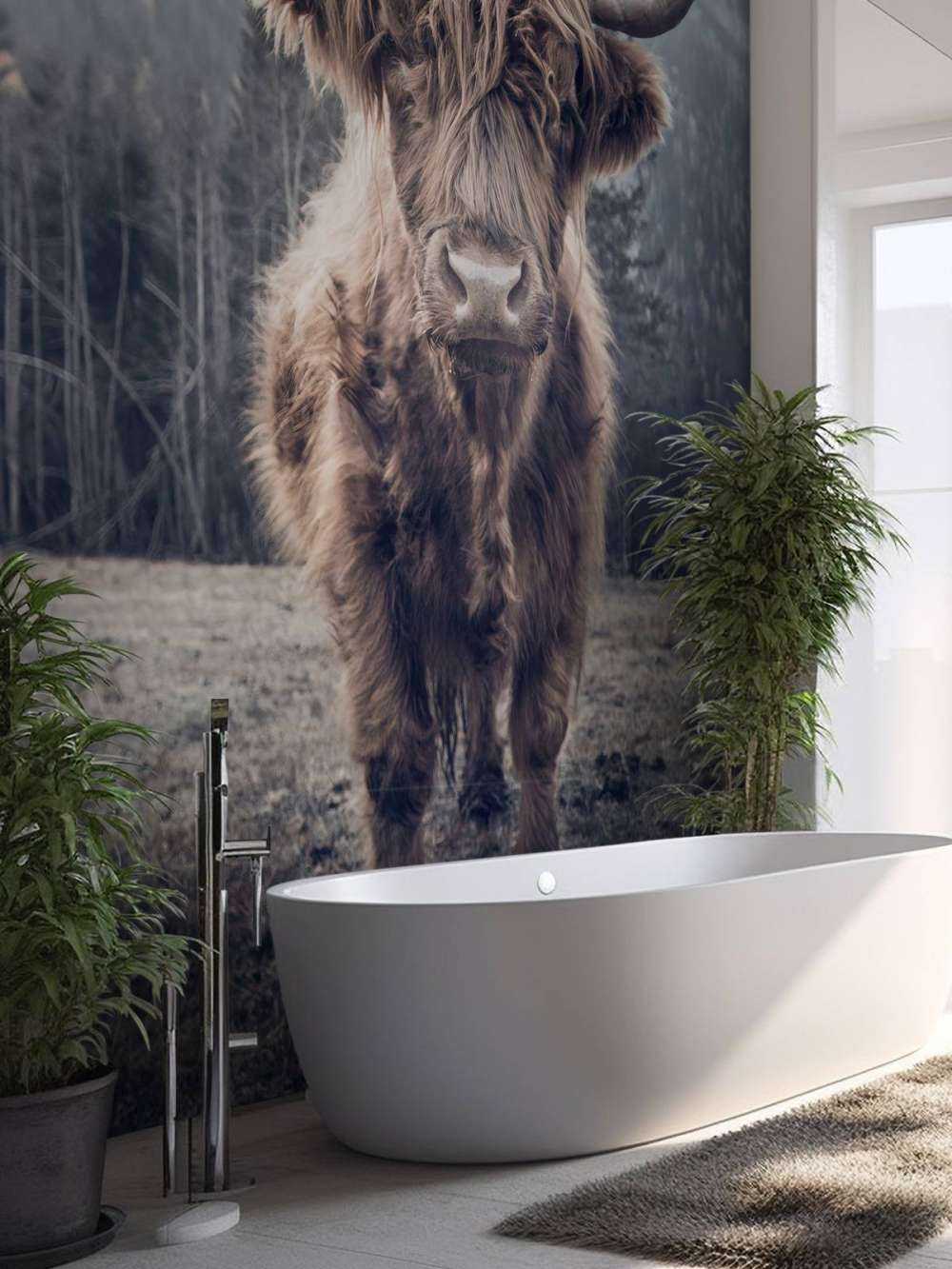 Highlander scozzese vicino alla foresta