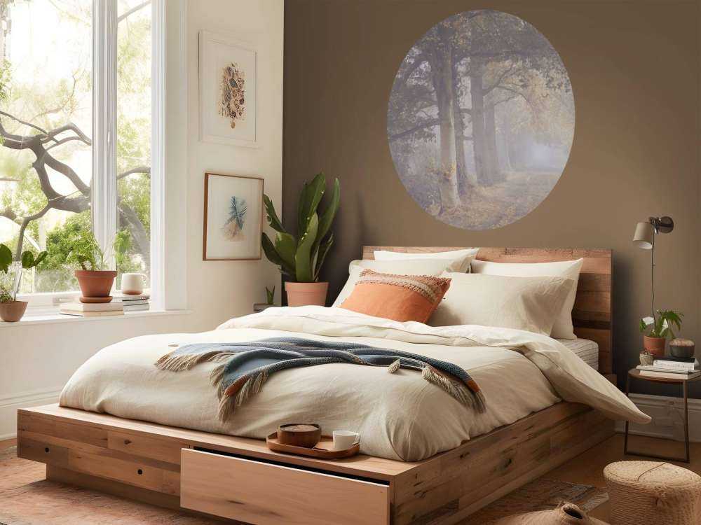 Strada nebbiosa con alberi