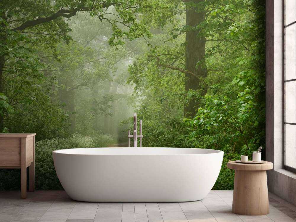 Foresta nebbiosa con sentiero