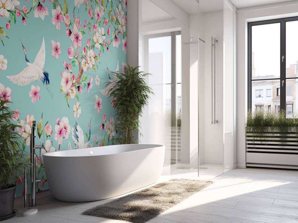 Gru tra i fiori rosa