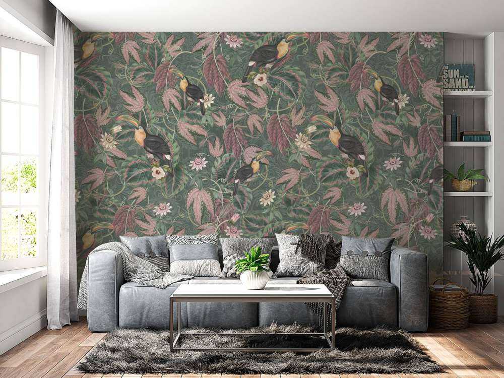 Uccelli e tucani della giungla tropicale - verde scuro