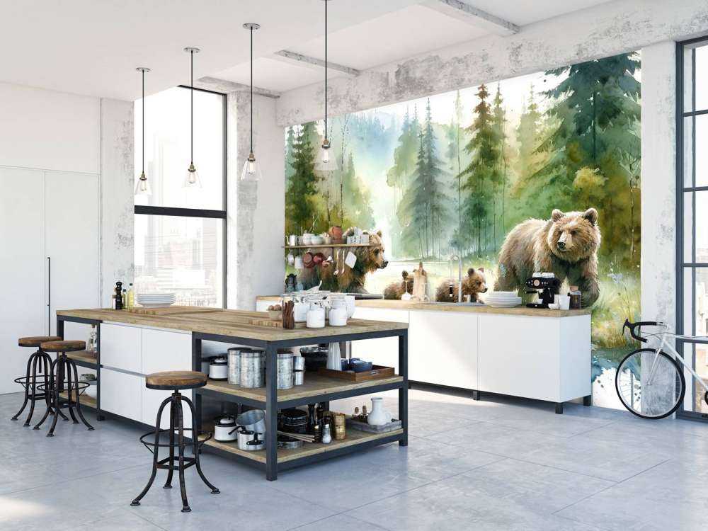 Watercolor Bear Family In The Forest