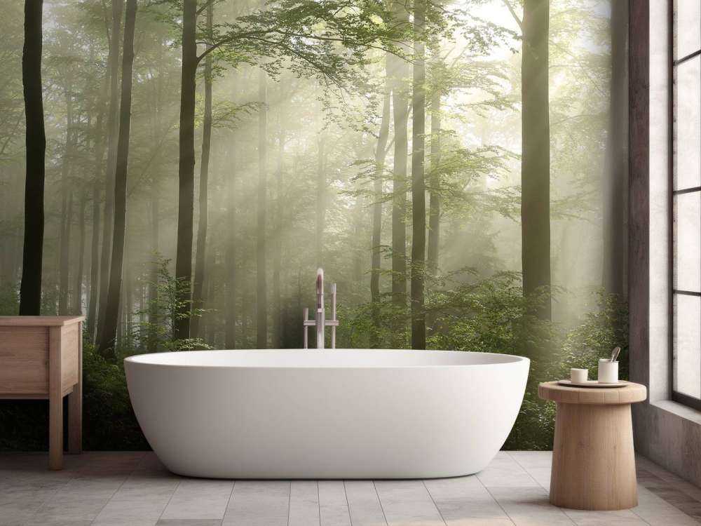 Foresta verde nella nebbia