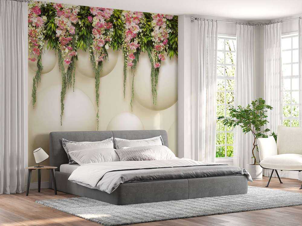 Colgando flores rosas en la pared 3D
