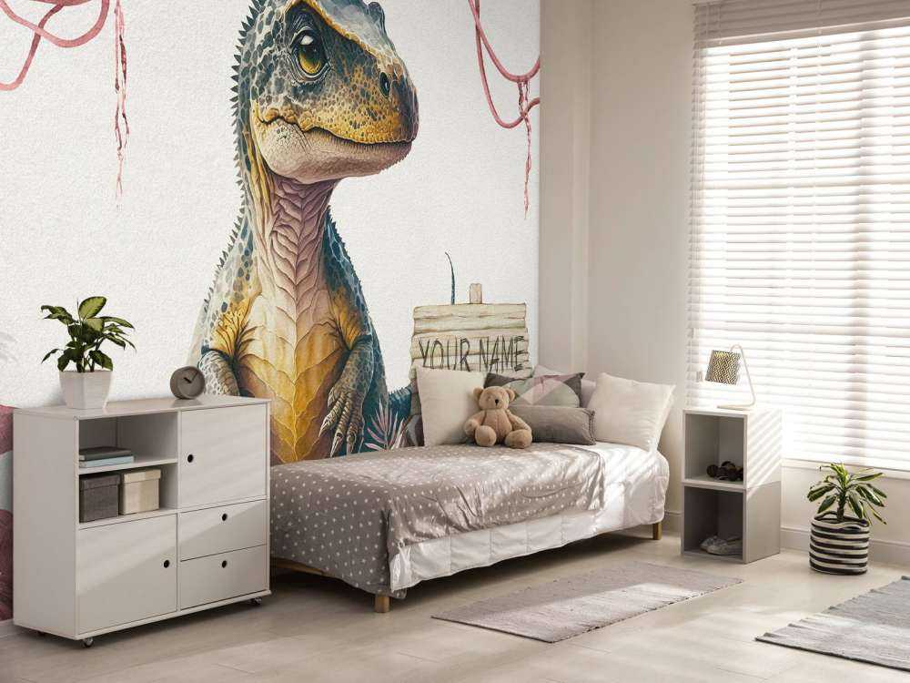 Baby t-rex nella giungla rosa