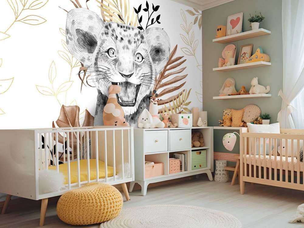 Cucciolo di leone marrone e con foglie d'oro