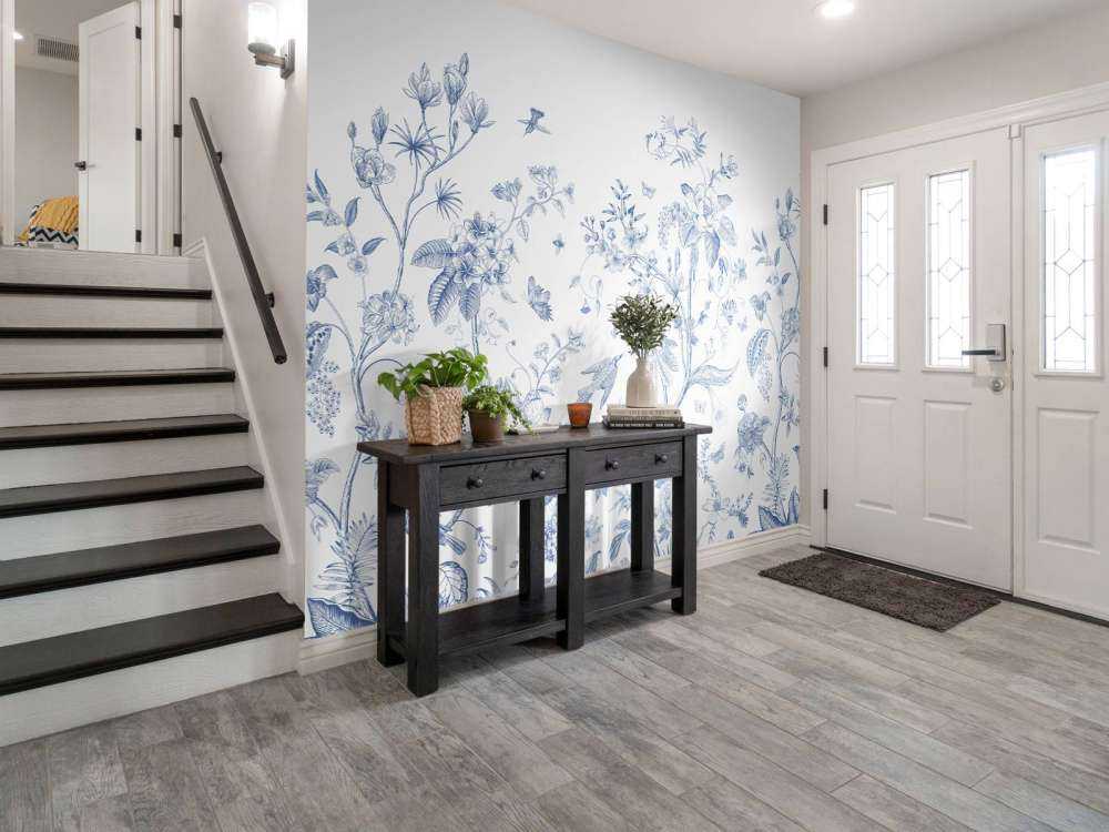 Illustrazione floreale, blu e bianco