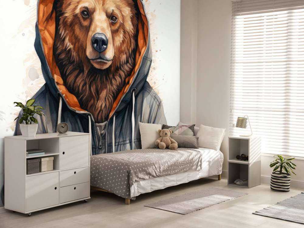 Orso Grizzly Cartoon ad Acquerello con Felpa con Cappuccio