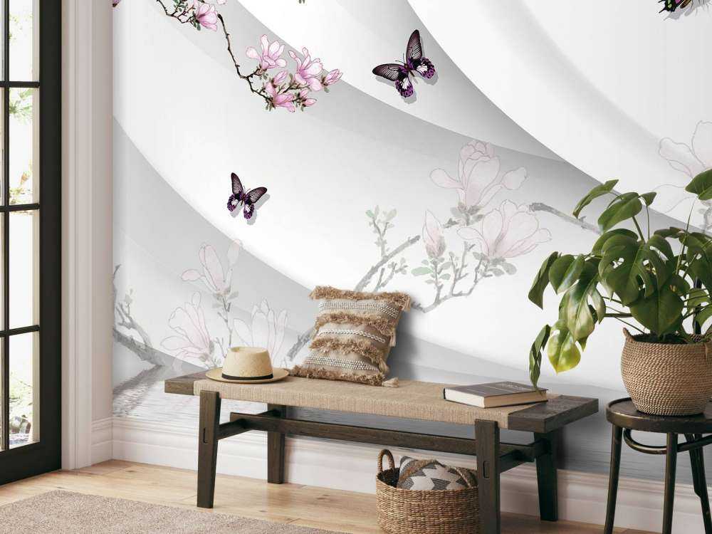 Fondo blanco 3D con flor decorativa