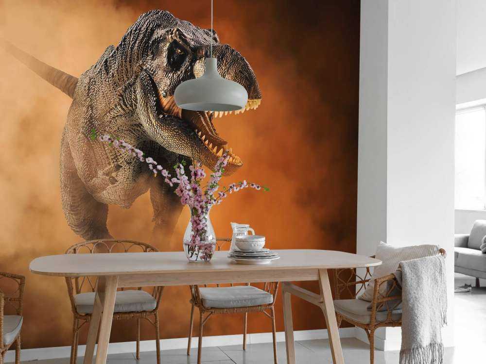 Tirannosauro che cammina nel fumo