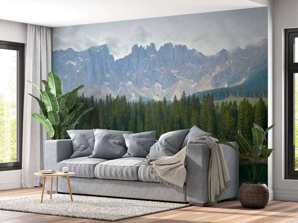 Filare di alberi vicino a un lago di montagna