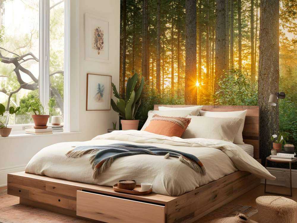 Raggi di sole in una foresta di conifere