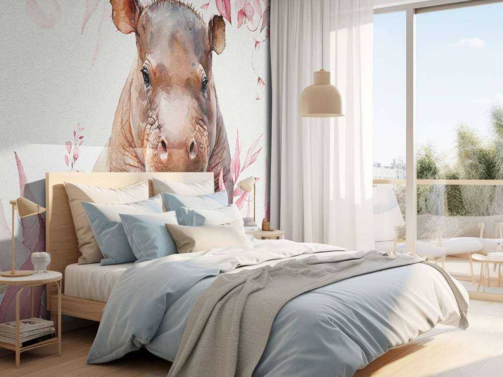 Baby ippopotamo tra le foglie rosa