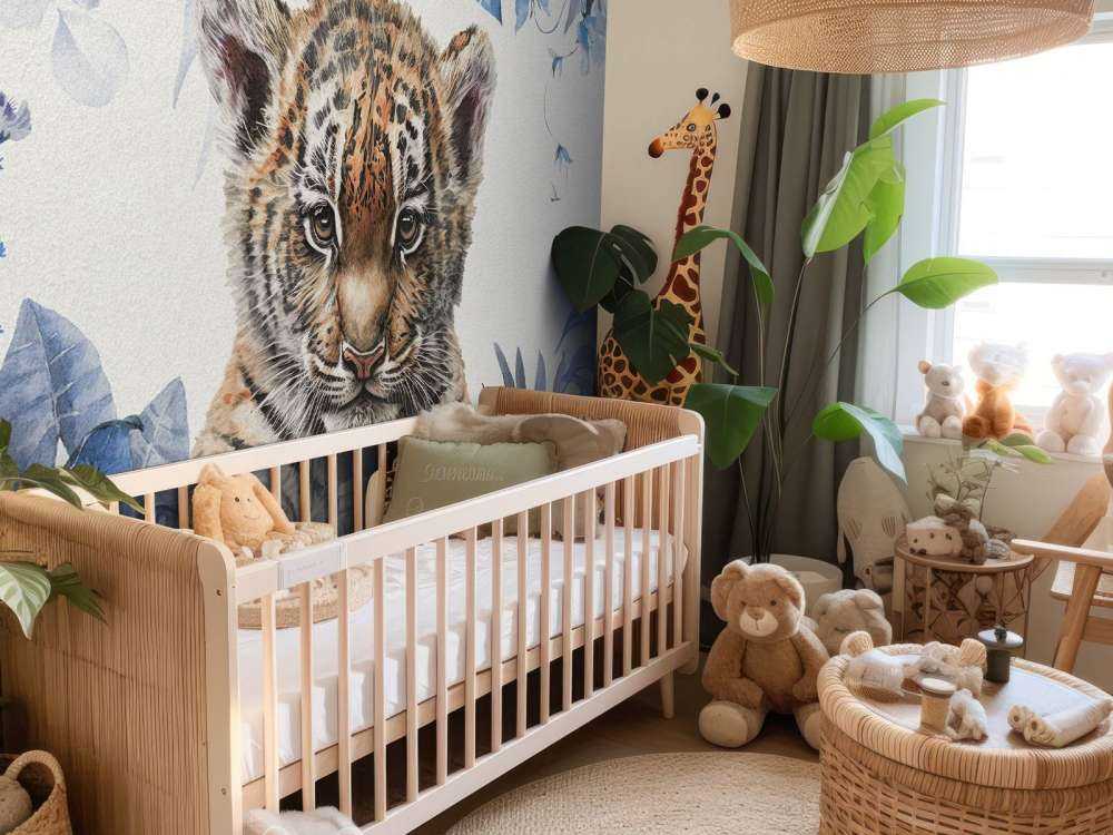 Tigre carina con piante blu