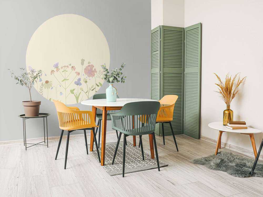 Campo di fiori con farfalle beige, rosa antico, verde e lilla