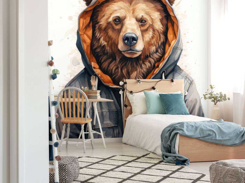 Orso Grizzly Cartoon ad Acquerello con Felpa con Cappuccio