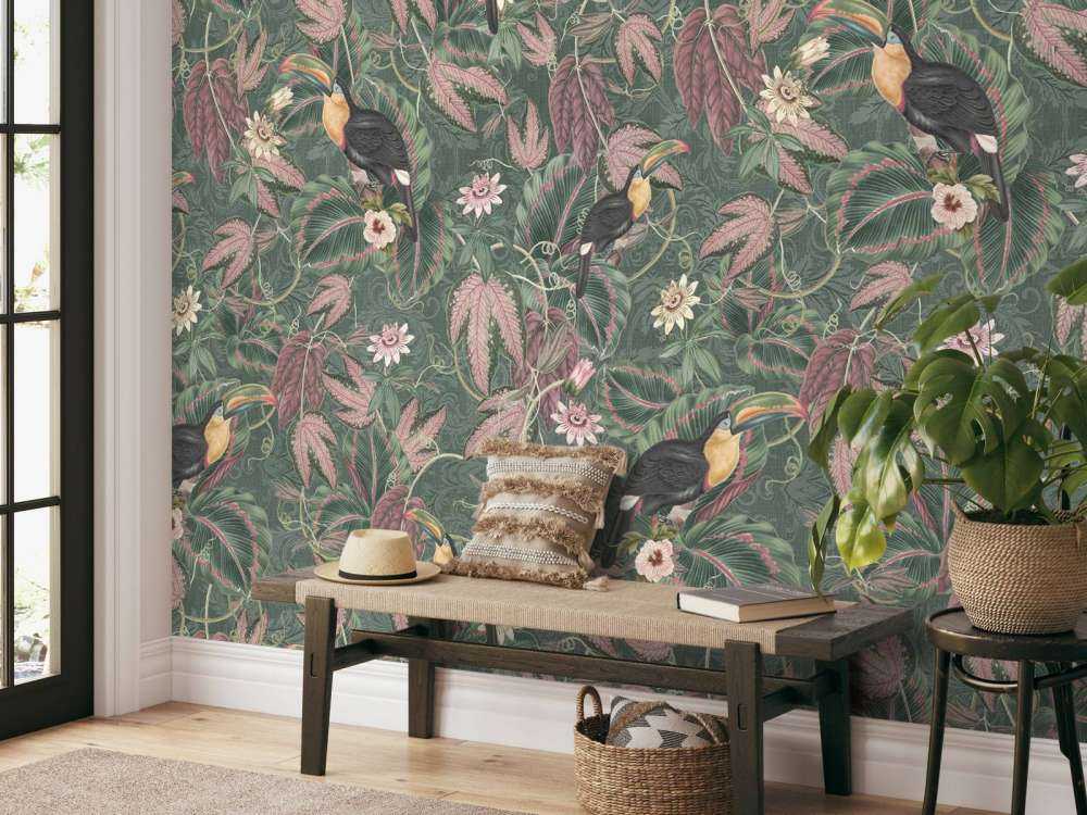 Uccelli e tucani della giungla tropicale - verde scuro