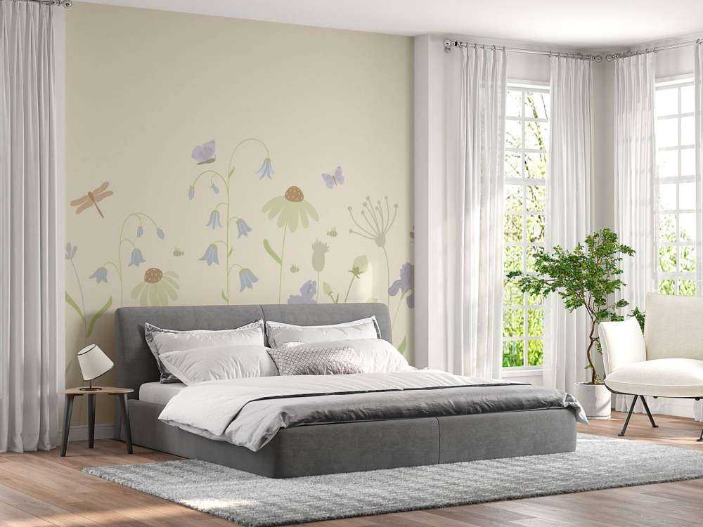 Campo di fiori alto con farfalle sabbia, rosa antico, verde e lilla