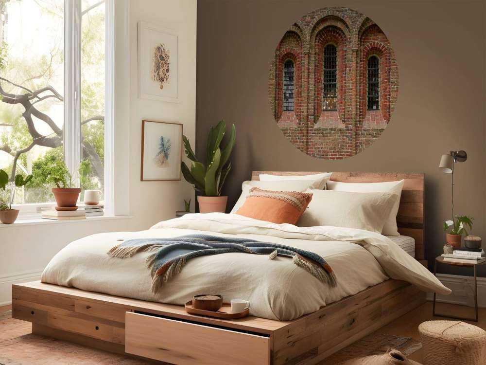 Muro di mattoni con archi e finestre