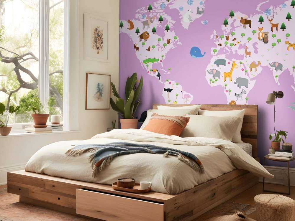 Mappa del mondo per bambini con sfondo rosa