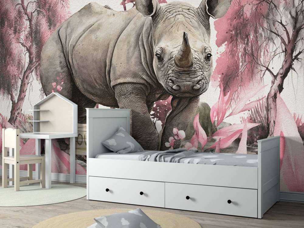 Baby rinoceronte nella savana rosa