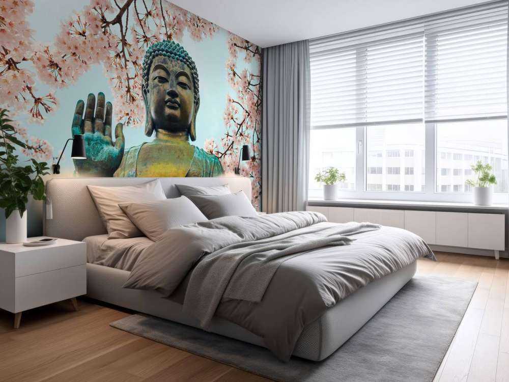 Buddha circondato da fiori di ciliegio