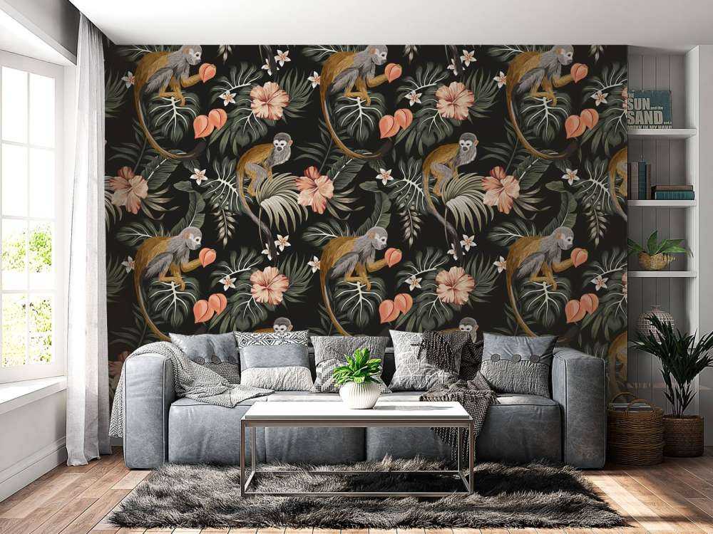 Foglie tropicali con le scimmie