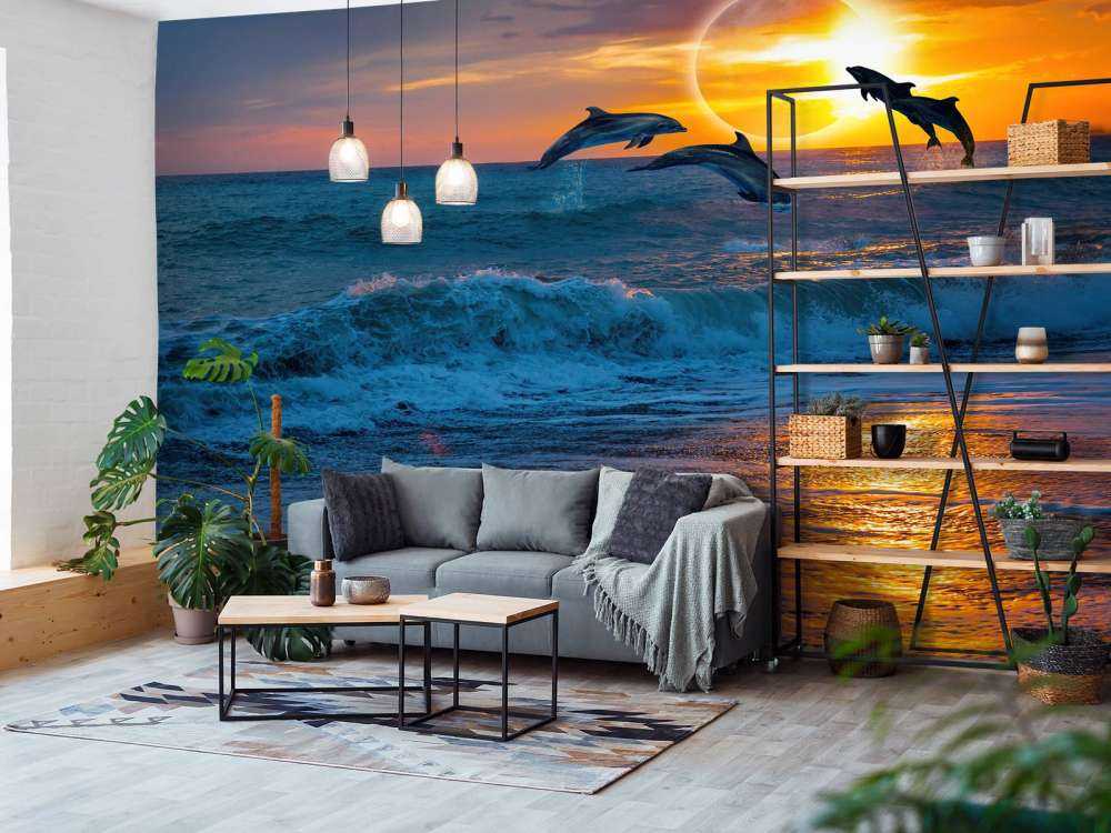 Delfini con tramonto