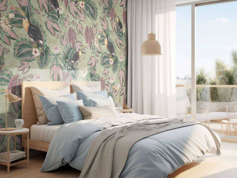 Uccelli e tucani della giungla tropicale - verde salvia