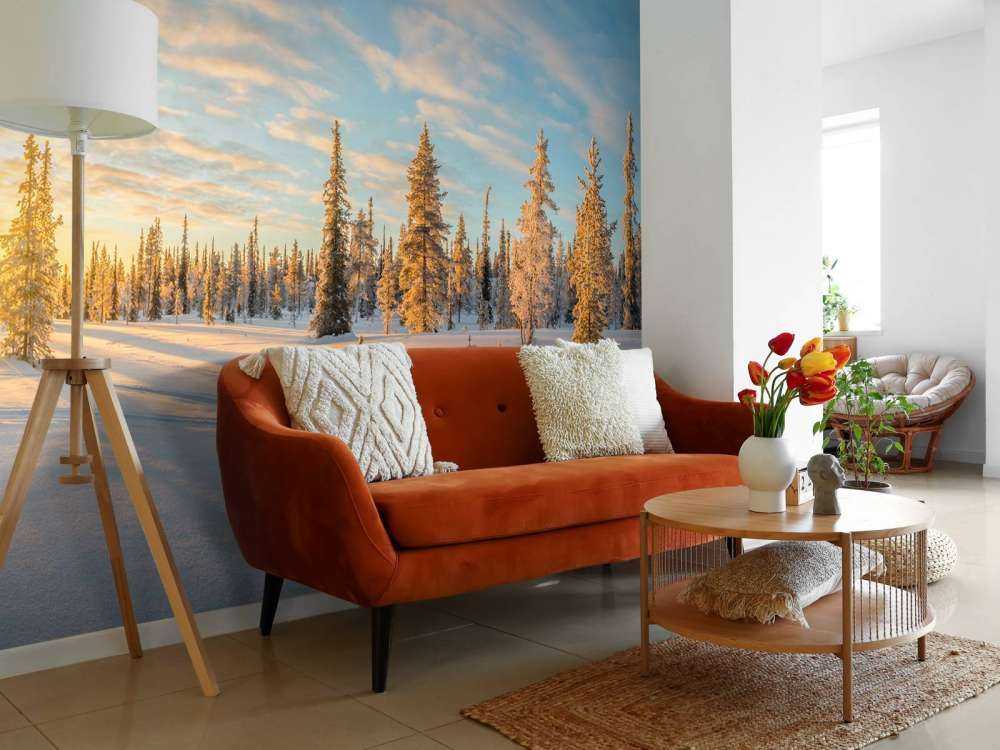 Paesaggio di neve al tramonto