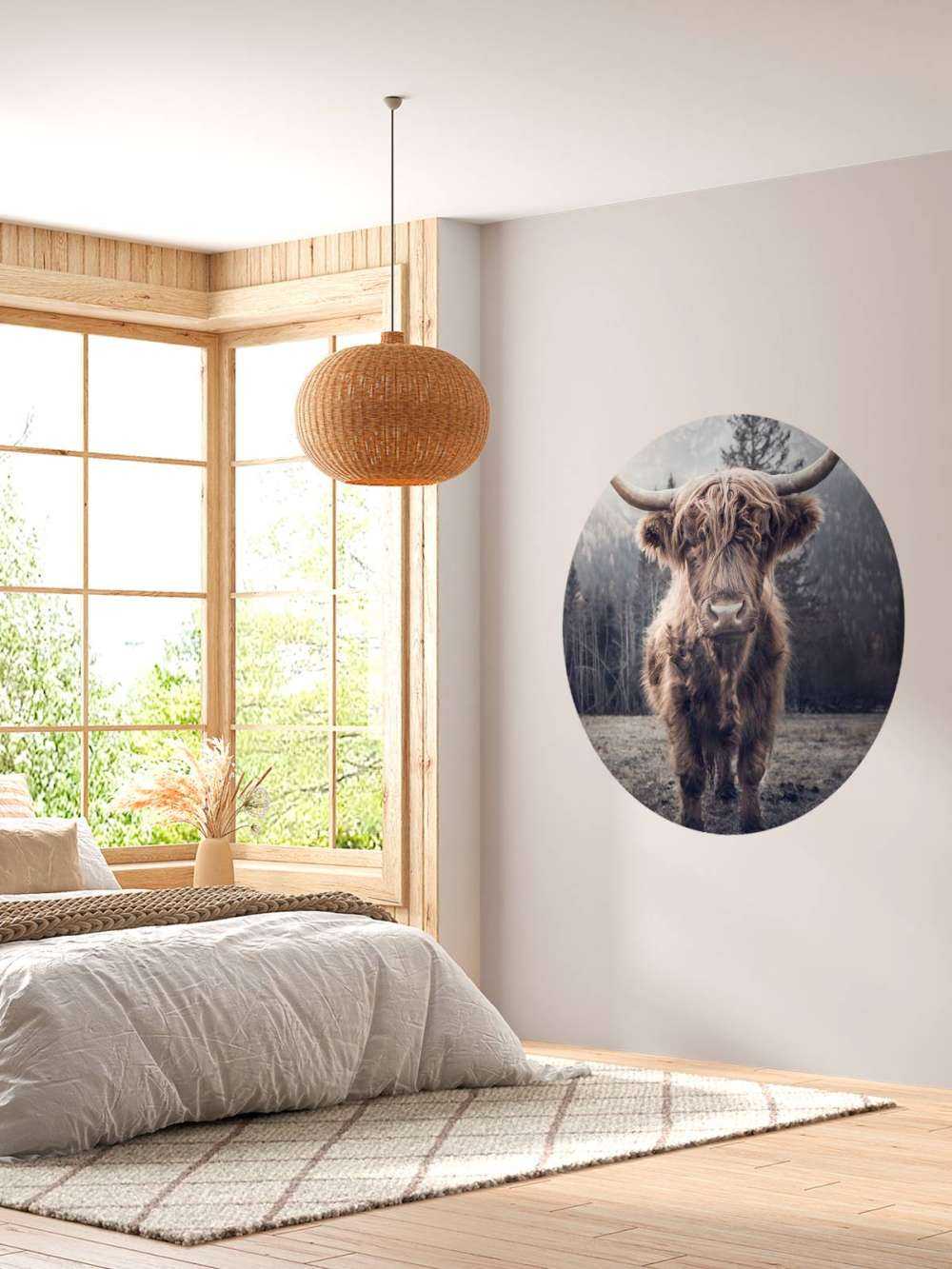 Highlander scozzese vicino alla foresta