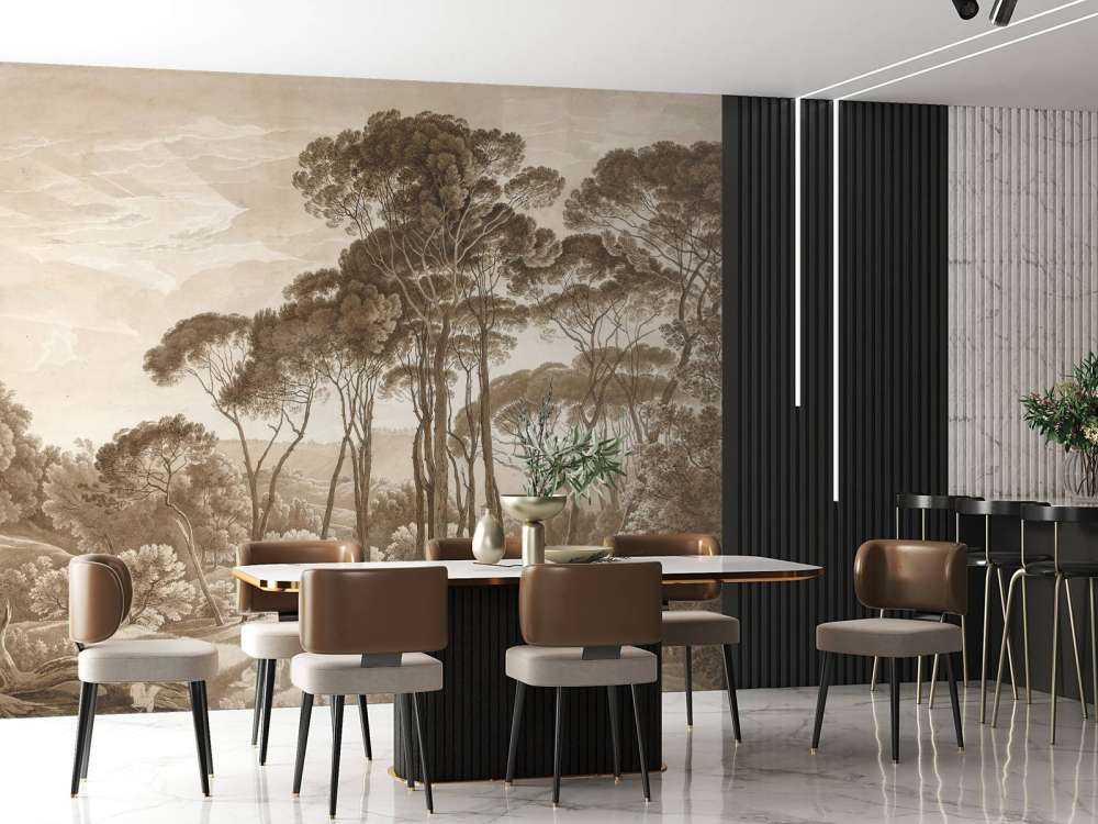 Paesaggio forestale vicino a Roma con il sole al tramonto