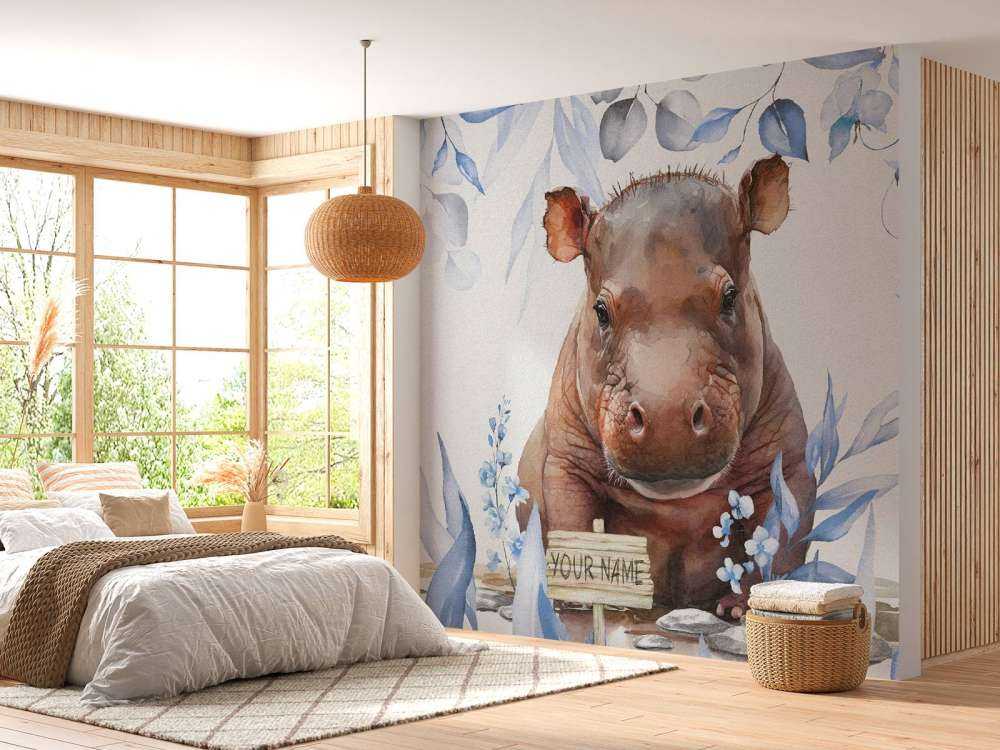 Baby ippopotamo tra le foglie blu