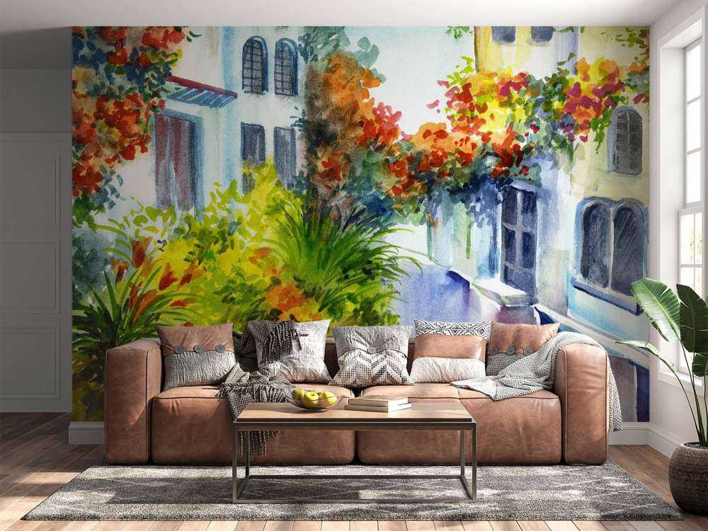 Fiori ed edifici ad acquerello