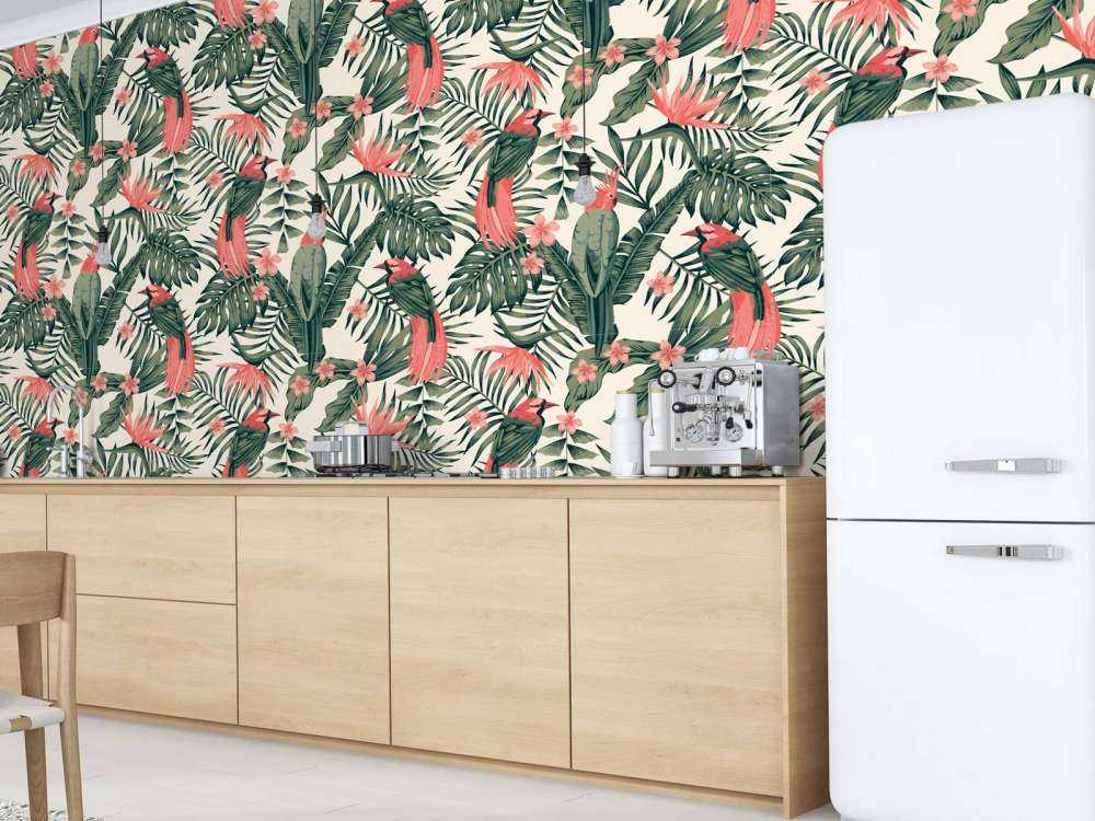 Piante tropicali, fiori e uccelli